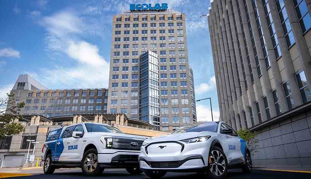 Ford F-150 Lightning Pro truck and Ford Mustang Mach-E SUV at Ecolab headquarters