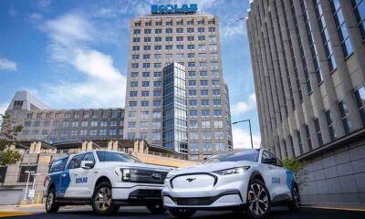 Ford F-150 Lightning Pro truck and Ford Mustang Mach-E SUV at Ecolab headquarters