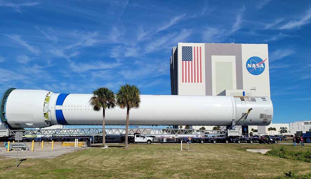 Blue Origin New Glenn First Stage Moving toward Launch Complex 36, Cape Canaveral