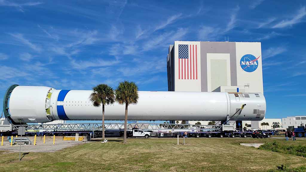 Blue Origin New Glenn First Stage Moving toward Launch Complex 36, Cape Canaveral