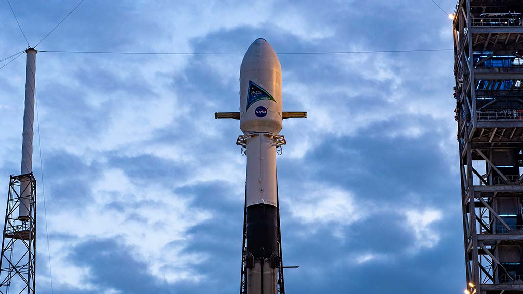 SpaceX Falcon 9 Standing Vertical with NASA's PACE mission payload