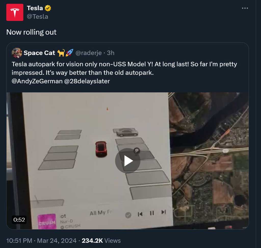 Tesla Autopark feature rollout