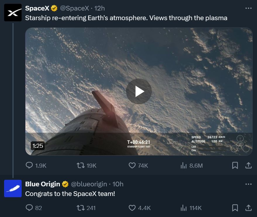 Blue Origin Congratulates SpaceX on Third Starship Flight Test