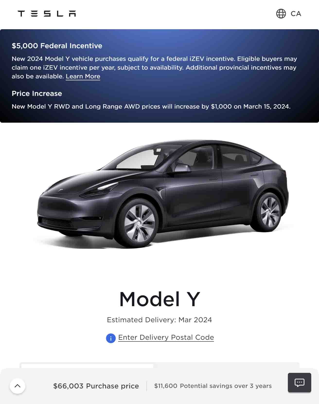 Tesla Model Y $1,000 increase Canada