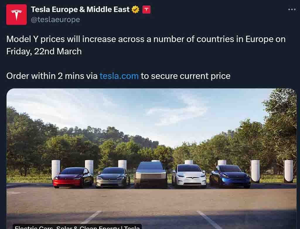 Tesla will increase upto €2,000 on Model Y in Europe starting March 22, 2024