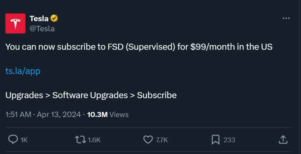 Tesla FSD Subscription $99 a month