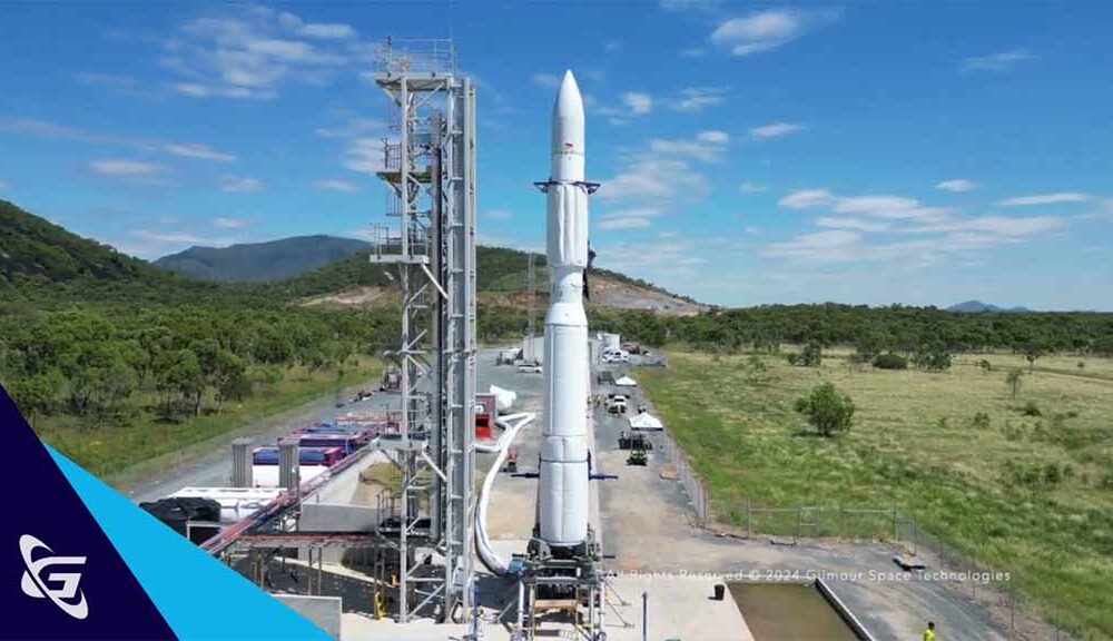 Gilmour Space's Eris Rocket is vertical on Bowen Orbital Spaceport, in Queensland Australia prepared to launch next month