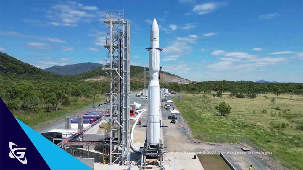 Gilmour Space's Eris Rocket is vertical on Bowen Orbital Spaceport, in Queensland Australia prepared to launch next month