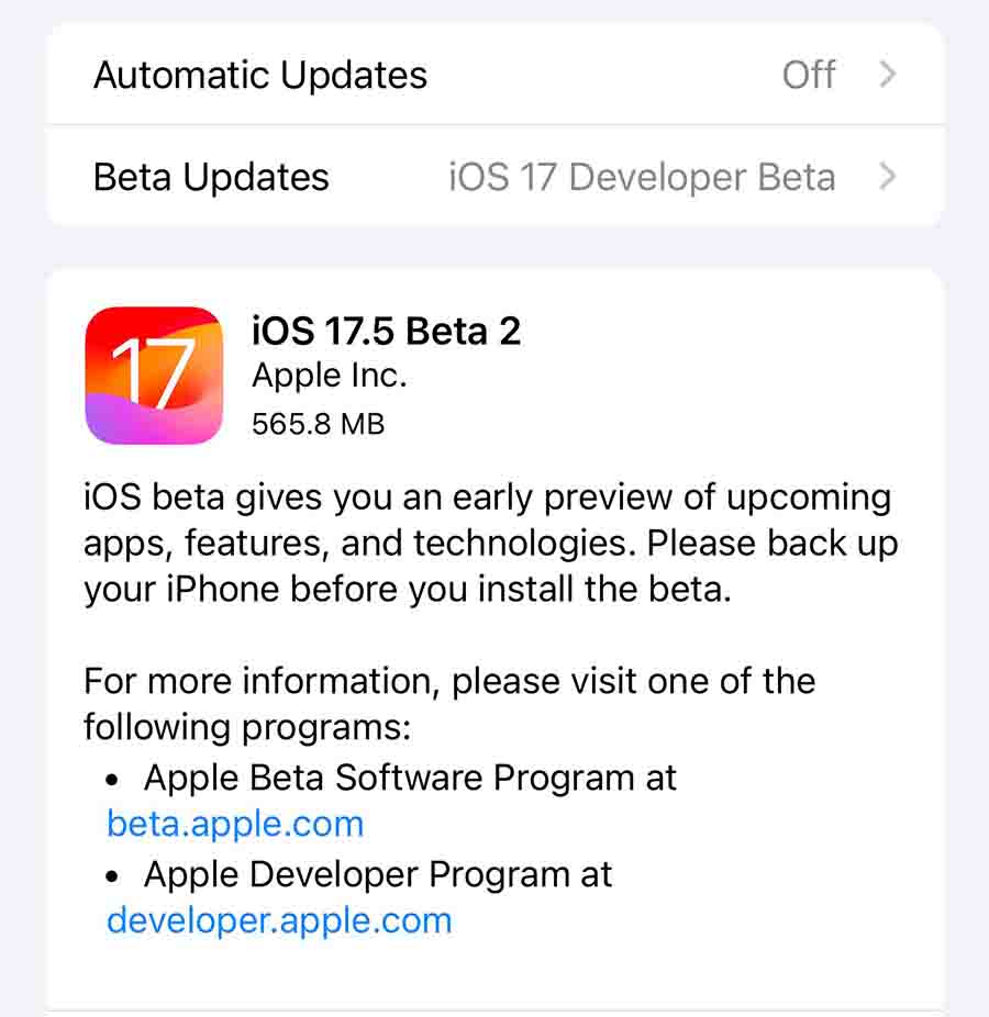 iOS 17.5 developer beta 2