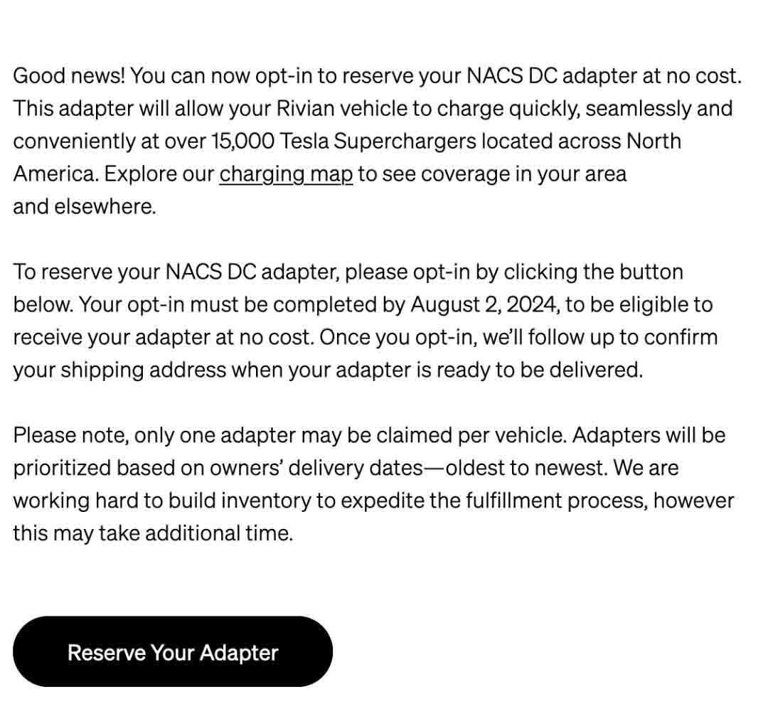Free NACS DC Adapter Reservation Email For Rivian R1 owners