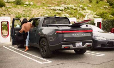 Rivian R1T charging at Tesla Supercharger