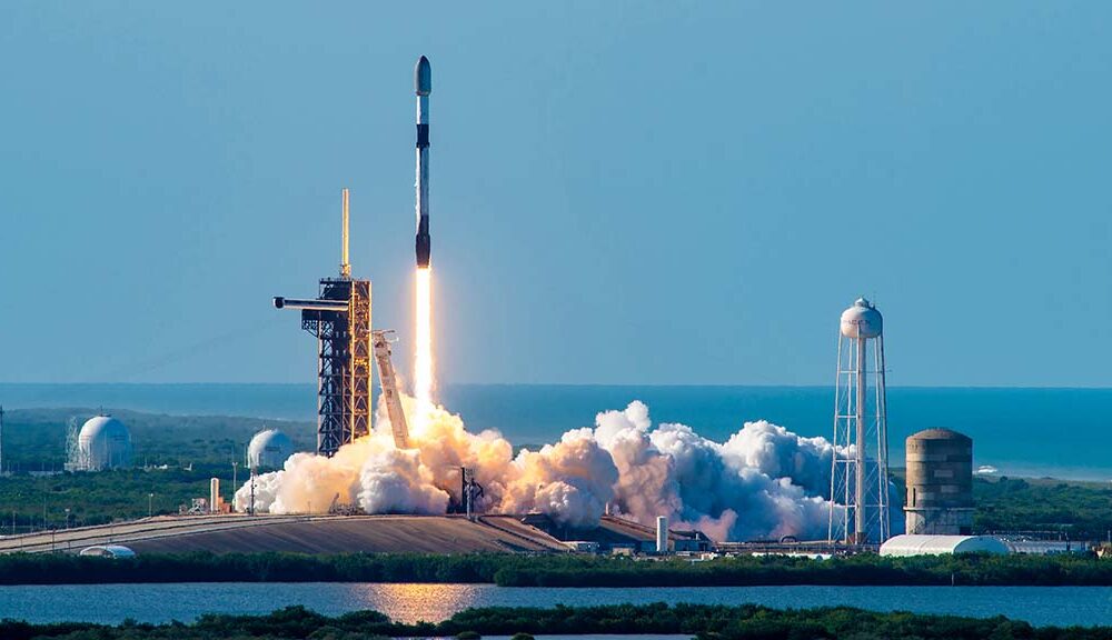 Space X Falcon 9 rocket lifting off from Launch Complex 39A (LC-39A) at NASA's Kennedy Space Center in Florida