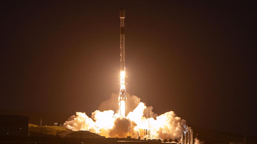 SpaceX Falcon 9 Rocket Lifting Off from Space Launch Complex 4 East at Vandenberg Space Force Base In California 