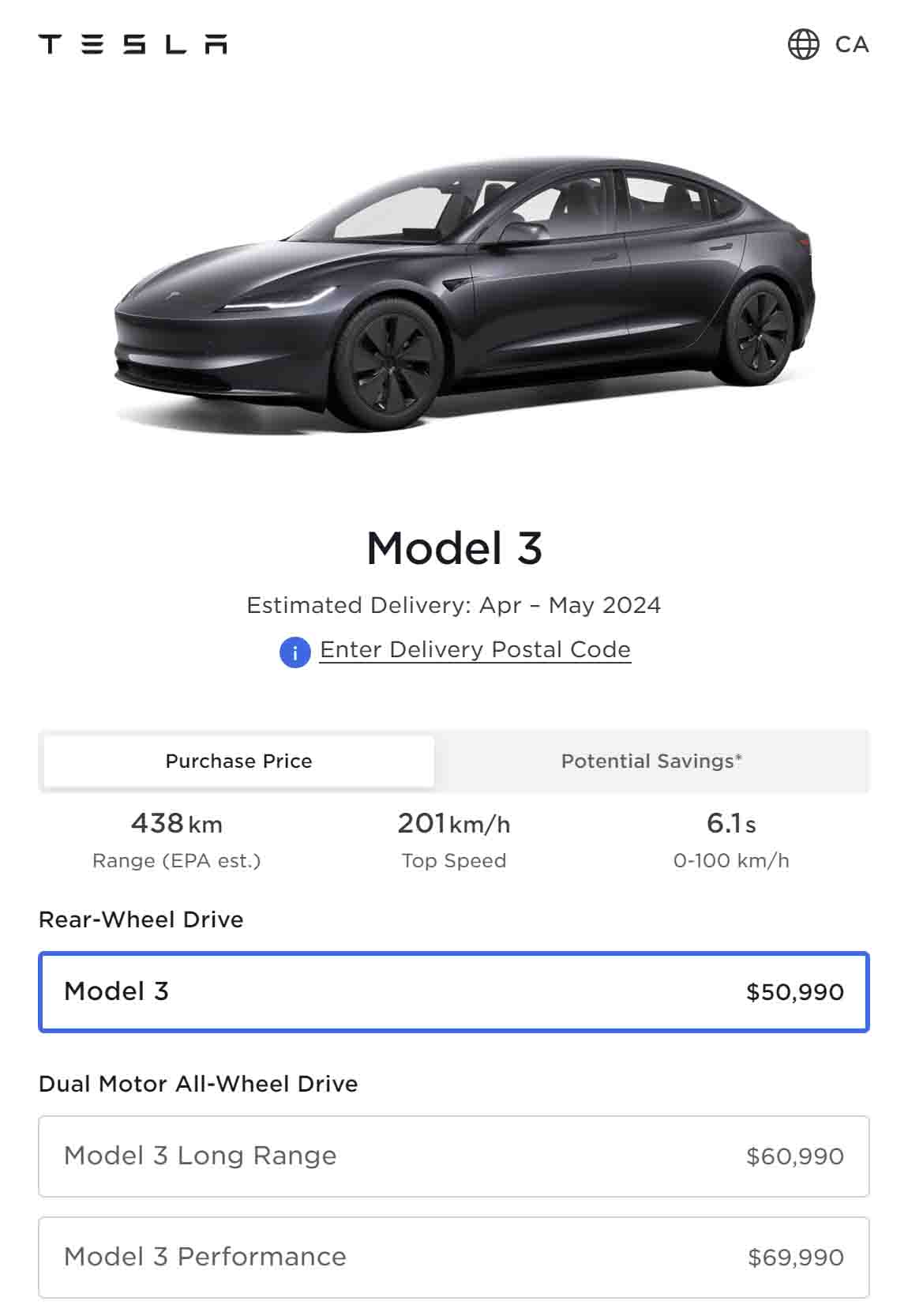 Tesla Model 3 Prices in Canada