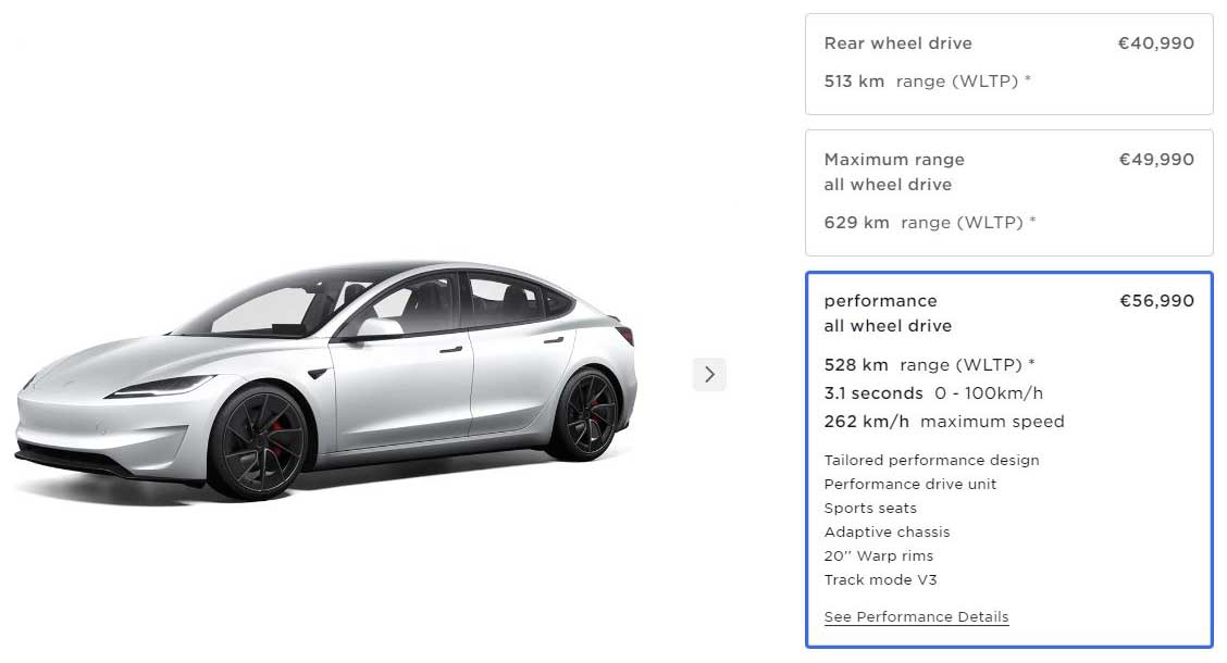 New Tesla Model 3 Performance Europe Price details