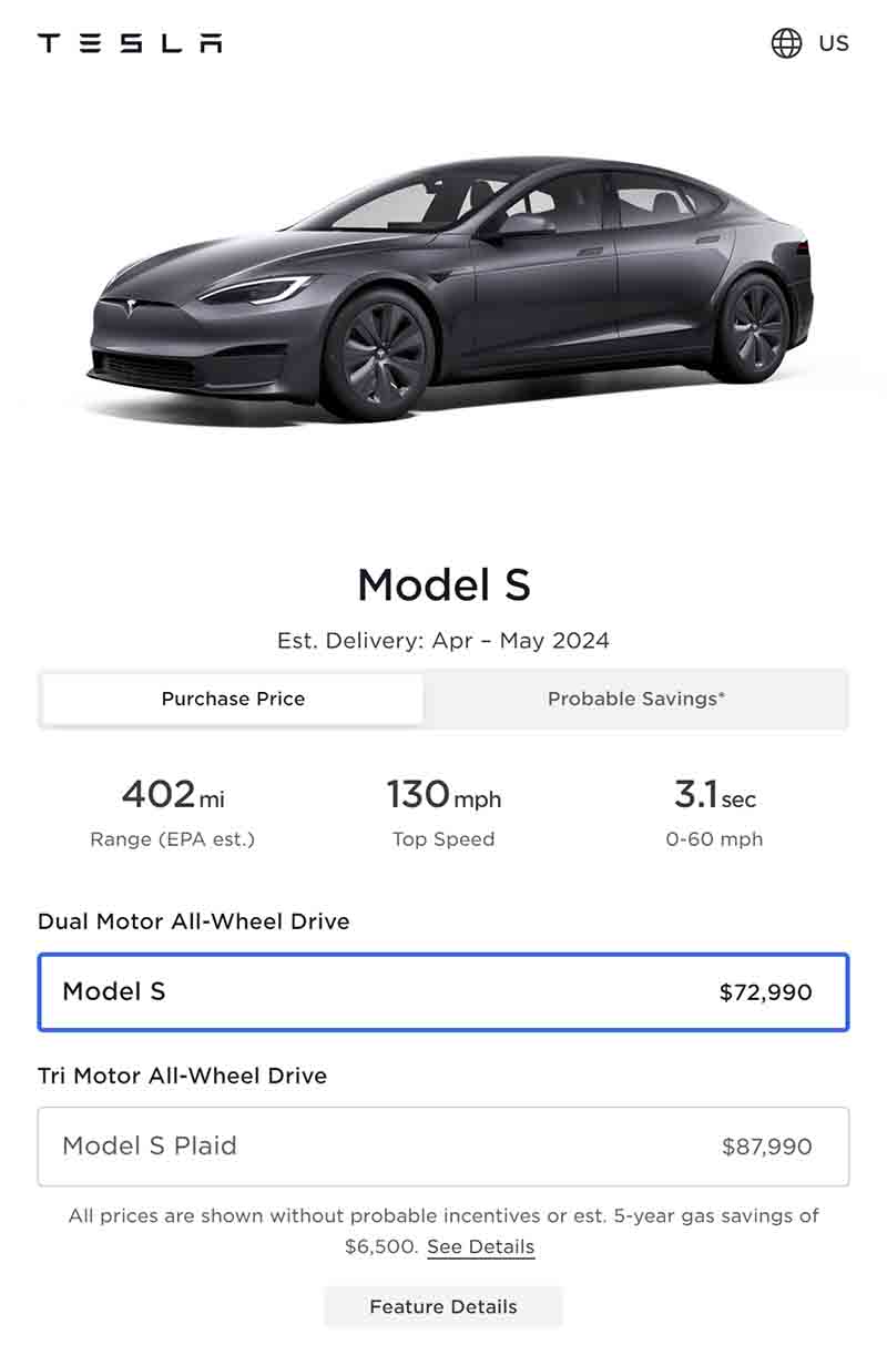 Tesla Model S Price As of April 19, 2024