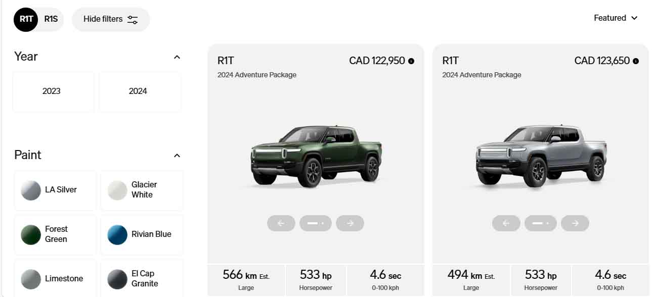 Rivian Canada Configurations for 1-6 week deliveries