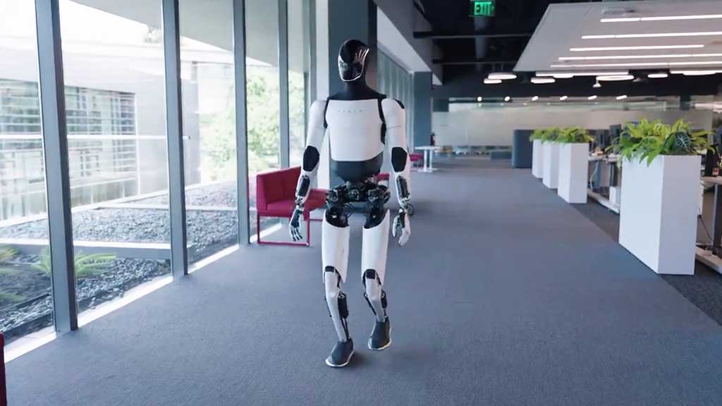 Tesla Optimus Robot Walking inside Tesla Facility