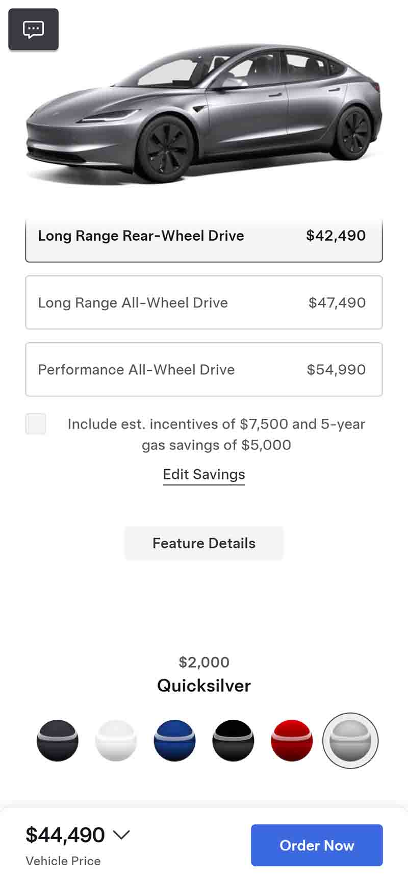 Quicksilver Tesla Model 3 Pricing US August 8, 2024