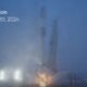 SpaceX Falcon 9 rocket engine ignition for liftoff from Space Launch Complex 4 East at Vandenberg Space Force Base in California on September 20, 2024