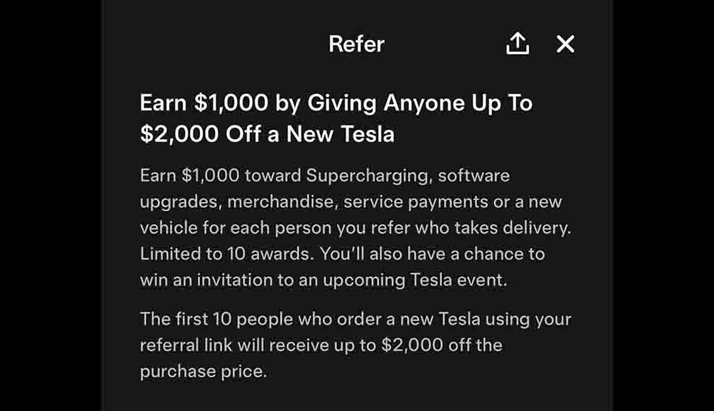 Tesla referral program reward increase to $2,000 for new customers