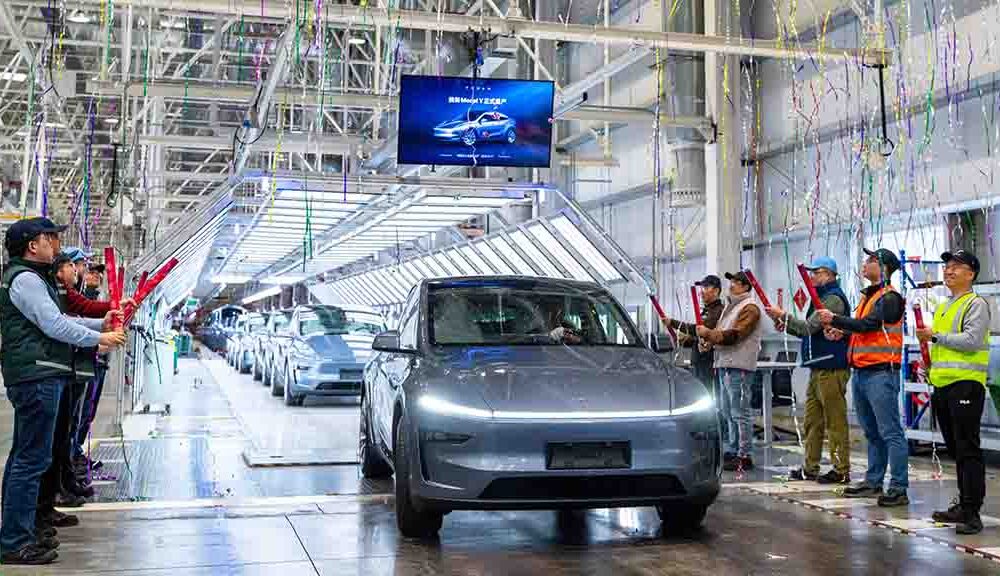 new tesla model y rolling out of assembly line from Gigafactory shanghai