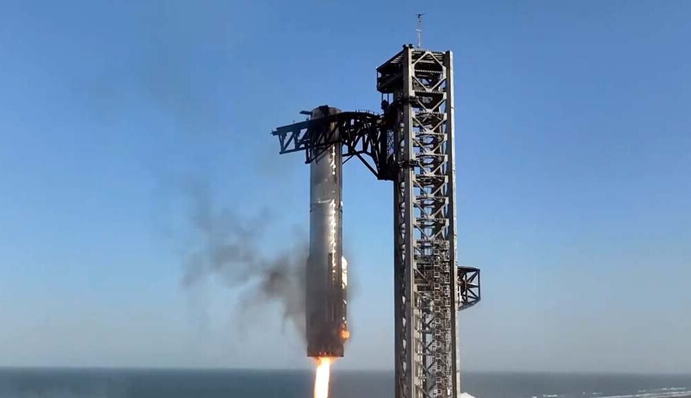 Starship Flight 8 Booster catch for the third time