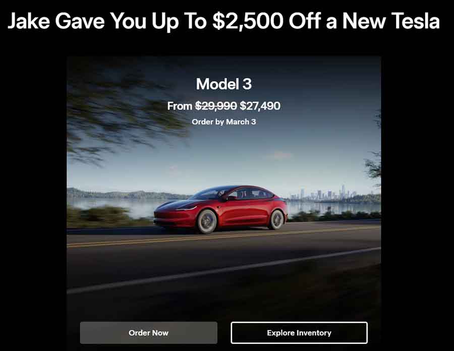 Tesla Model 3 $2500 referral discount
