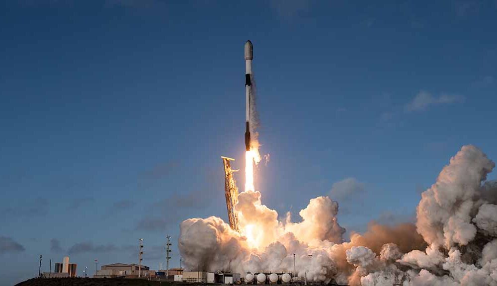 SpaceX Falcon 9 rocket liftoff from Space Launch Complex 4 East at Vandenberg Space Force Base in California
