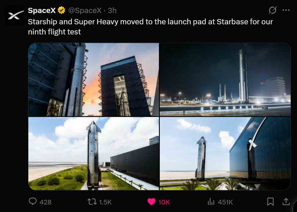 Starship Flight 9 Ship and booster moving on the launch site