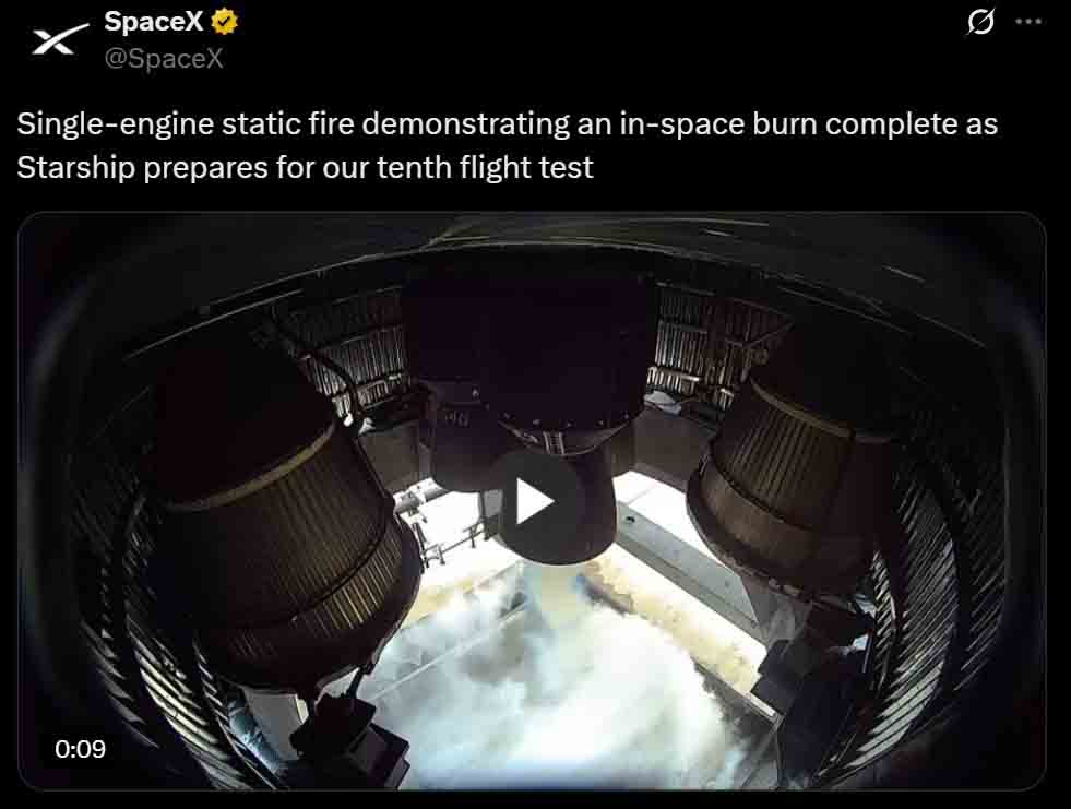 Starship flight 10 single-engine static fire