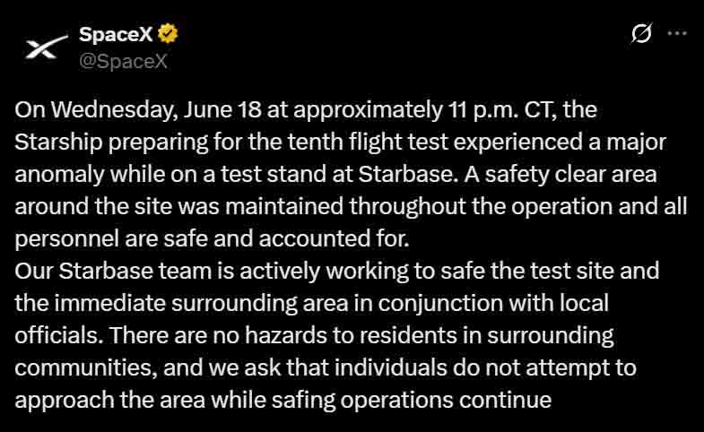 SpaceX Statement on Starship Explosion