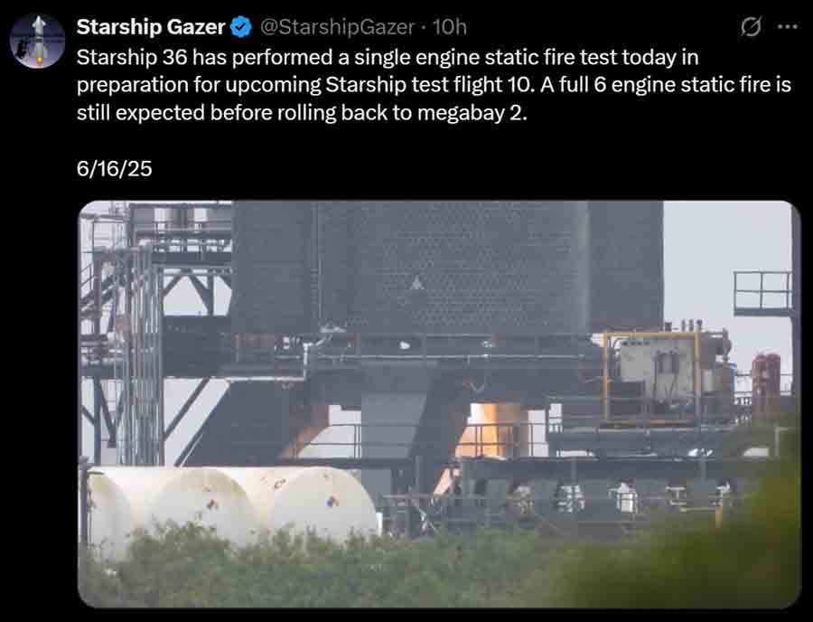 SpaceX Starship 36 performing single-engine Raptor engine burn test at Starbase