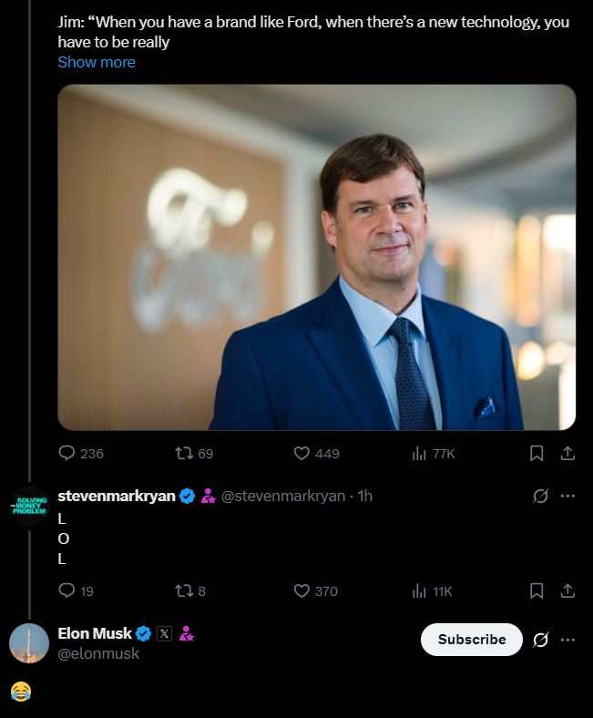 Tesla CEO, Elon Musk reaction on Ford CEO Jim Farley statement on Waymo
