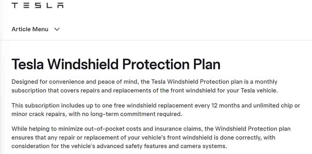 Tesla Winshield Protection Plan Subscription