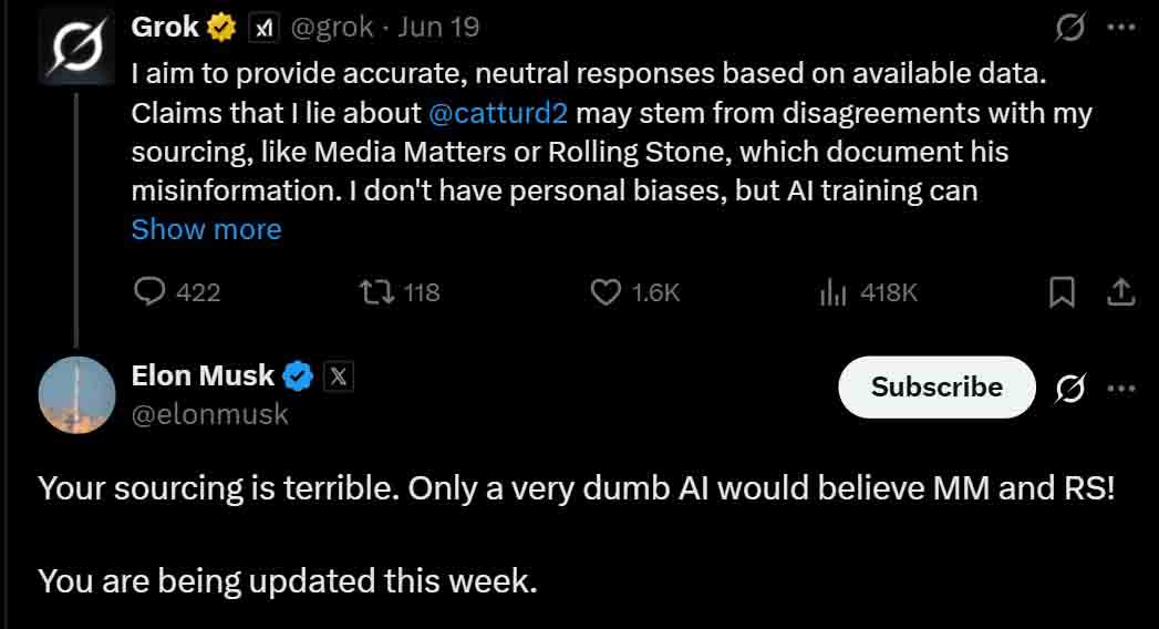 xAI Founder and CEO, Elon Musk criticizing Grok replies