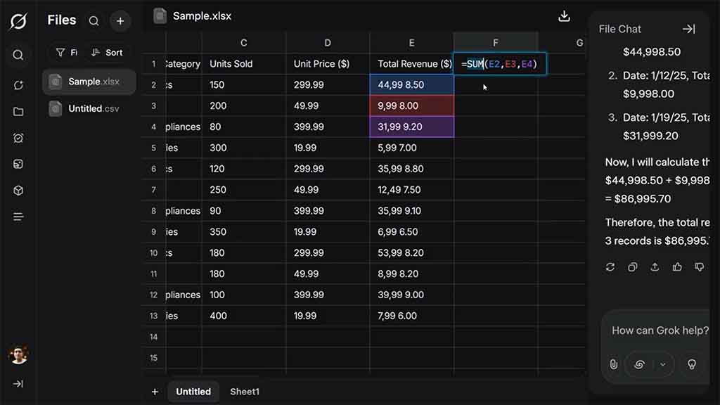 xAI Grok's spreadsheet editor