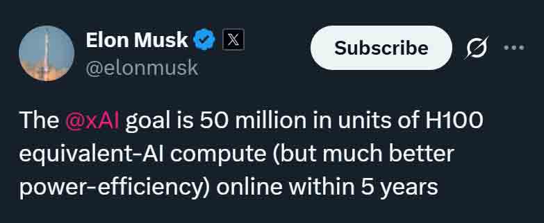 Elon Musk mentioned xAI should is aiming for 50 million H100 GPUs equivalent AI compute