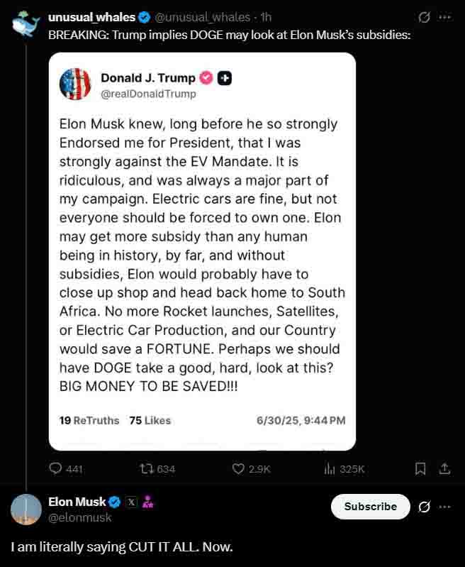 Elon Musk accepting President Trump's proposal to end EV mandate