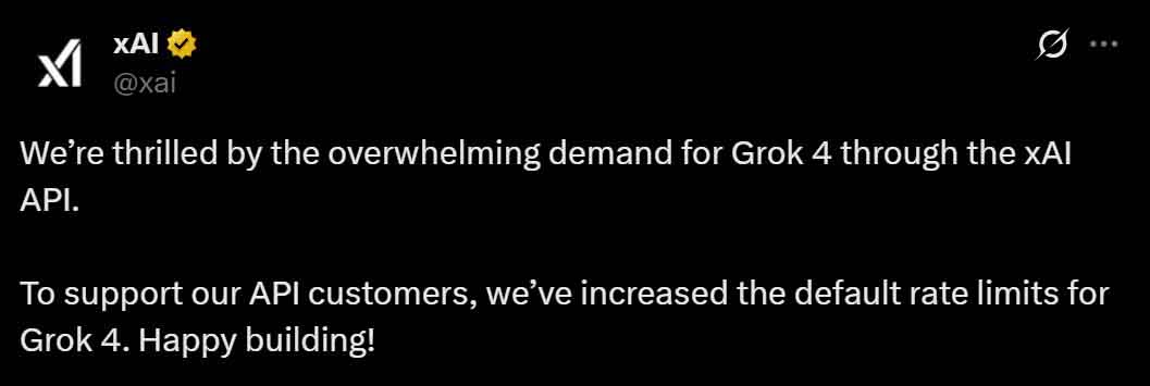 xAI Increased rate limits for Grok 4 API