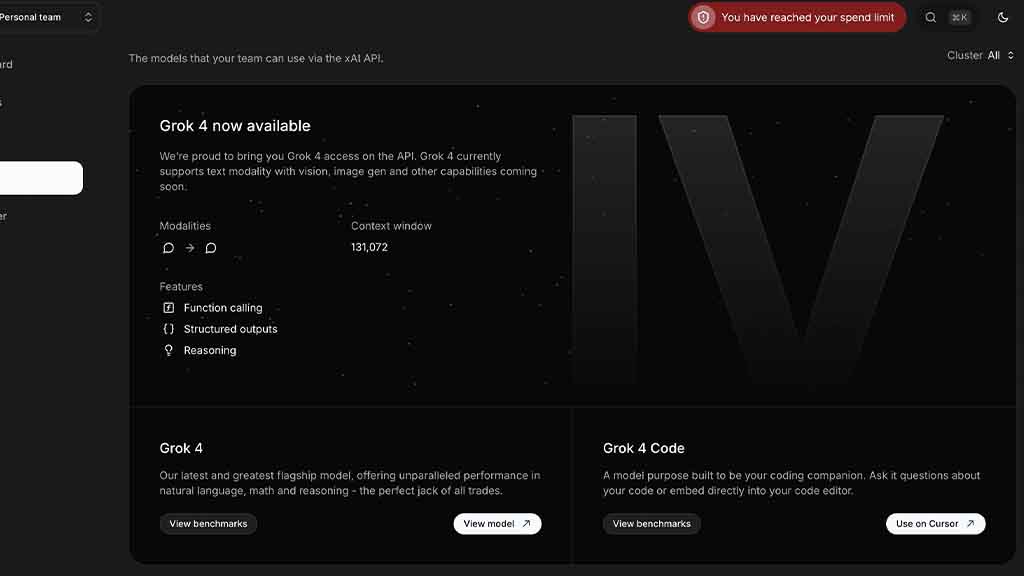 Grok 4 on xAI developer console