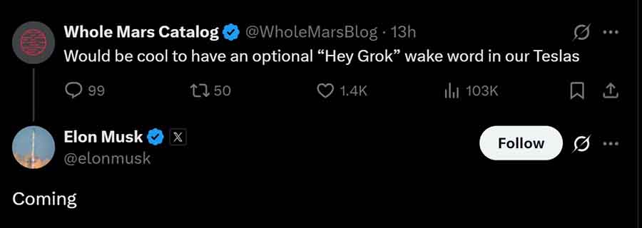 Tesla CEO, Elon Musk announced that Hey Grok feature is coming to vehicles