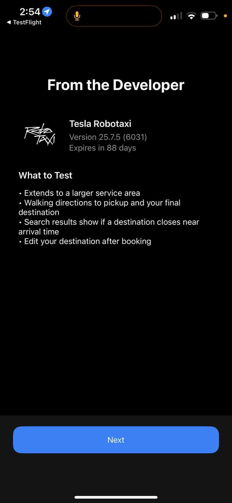 Tesla Robotaxi App Update 25.7.5