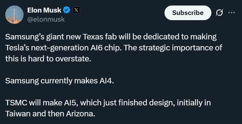 Tesla CEO, Elon Musk announces Samsung deal to build AI6 chip