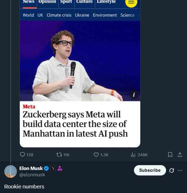 xAI CEO, Elon Musk comments on Manhattan plan by Meta