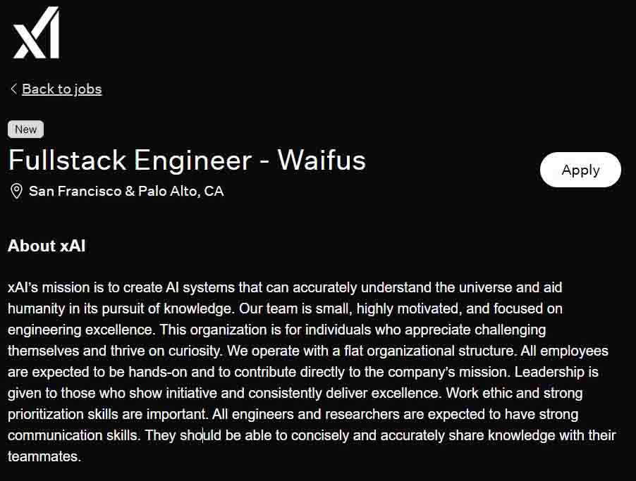 xAI hiring full-stack engineers to make waifus AI companions characters