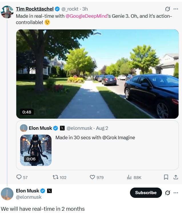 xAI CEO, Elon Musk said a rival to Google Genie 3 will be released in 2 months