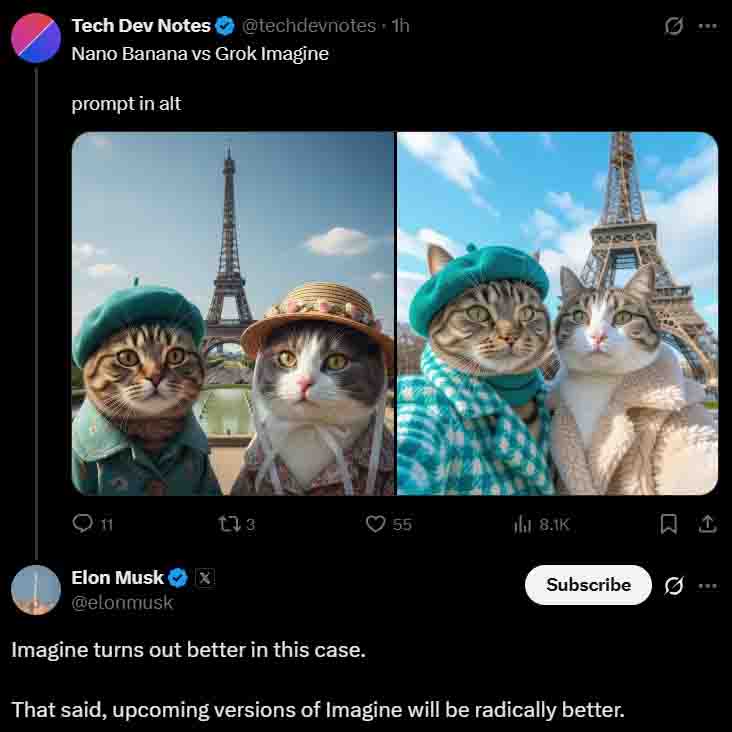 xAI CEO, Elon Musk comments on Grok Imagine vs Google Gemini Nano Banana