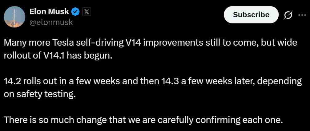 Tesla FSD v14.1 wide-rollout