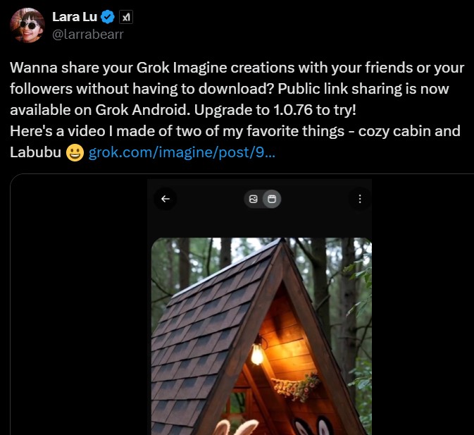 xAI Grok Android team member Lara Lu announces shareable imagine video links feature